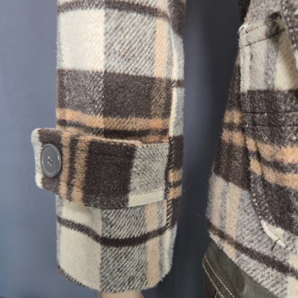 Y2K Fitted Plaid Pea Coat Jacket Size XS Brown Beige Wool Blend Fall Winter - Picture 6 of 14
